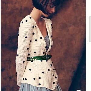 Anthropologie Moth Cream Pom Pom Cardigan Open Knit Zip Front Sweater Size XS